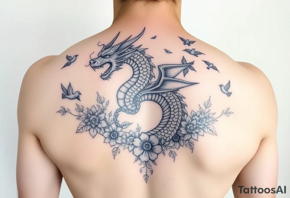 powerful majestic dragon, surrounded by floral ornaments and birds tattoo idea