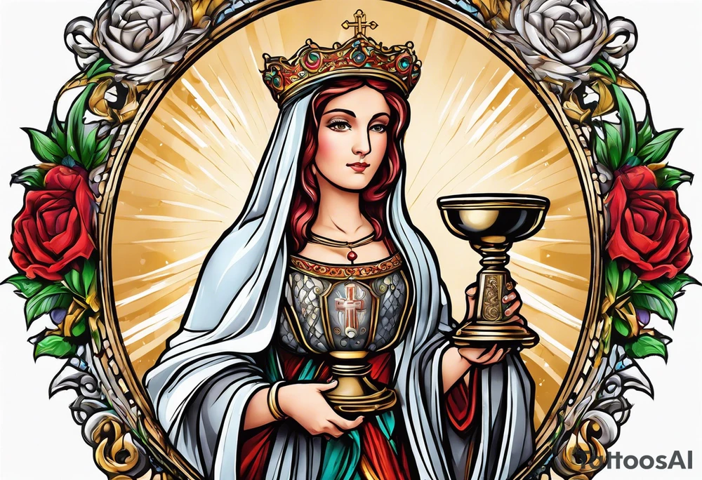 holy saint barbara with canons behind her and a chalice tattoo idea