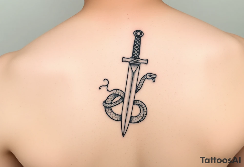 mystical snake coiled around an ancient dagger with jeweled hilt tattoo idea