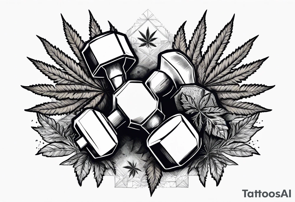 A dumbell with marijuana around tattoo idea