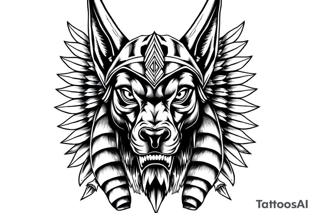Egyptian Anubis god face muscle in Egypt style  with mantle on head with white eyes 

dog face surrounded Egyptian symbols based on elements tattoo idea