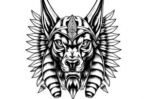 Egyptian Anubis god face muscle in Egypt style  with mantle on head with white eyes 

dog face surrounded Egyptian symbols based on elements tattoo idea