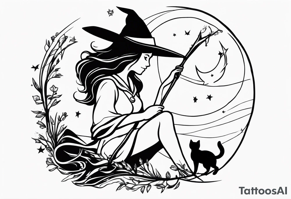 witch, fantasy, broom, cat, Harry Potter, charmed, moons tattoo idea