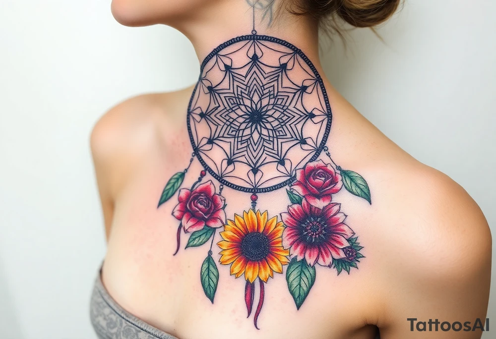 Dreamcatcher with zodiac symbols and protection runes caught in it with tigerlillies roses and sunflowers tattoo idea