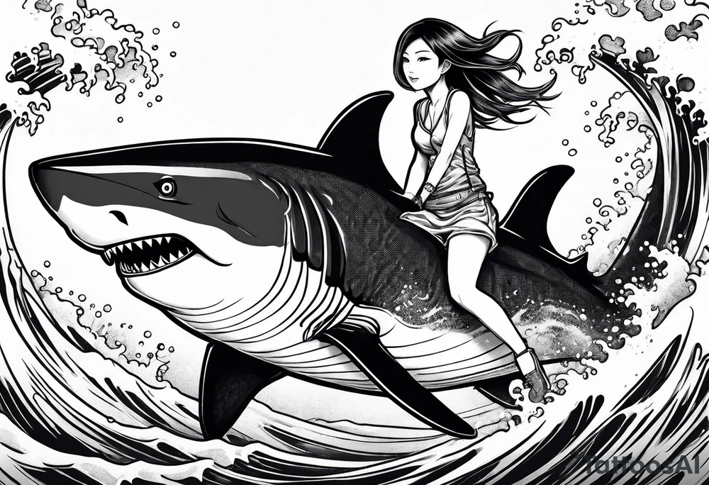japanese girl riding shark tattoo idea