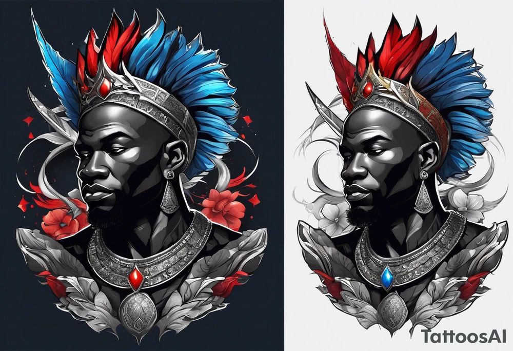 An african god, a bald black-skinned warrior, that uses a sword and a silver crown. He also uses blue and red necklaces tattoo idea