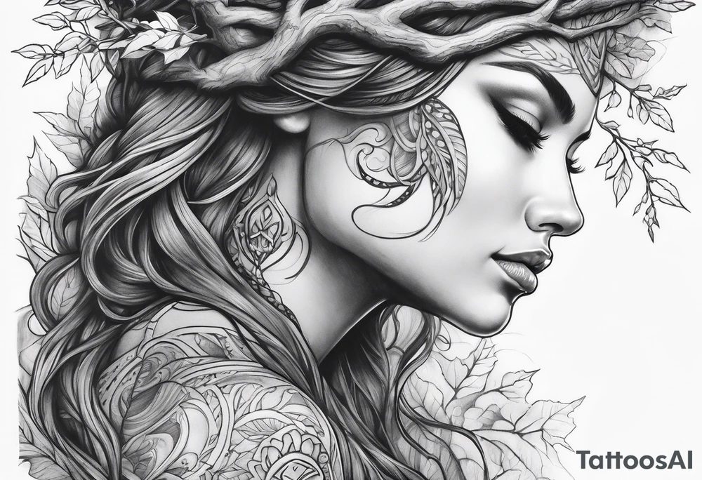 Forest goddess looking down side profile tree branches forming into her face middle arm sleeve tattoo idea