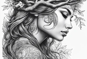 Forest goddess looking down side profile  tree branches forming into her face middle arm sleeve tattoo idea