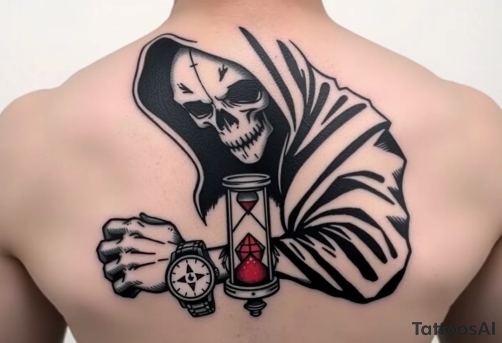 Simple grim reaper looking at a watch on his wrist with a hourglass with red sand and diamond geometric shapes tattoo idea
