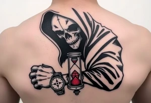 Simple grim reaper looking at a watch on his wrist with a hourglass with red sand and diamond geometric shapes tattoo idea