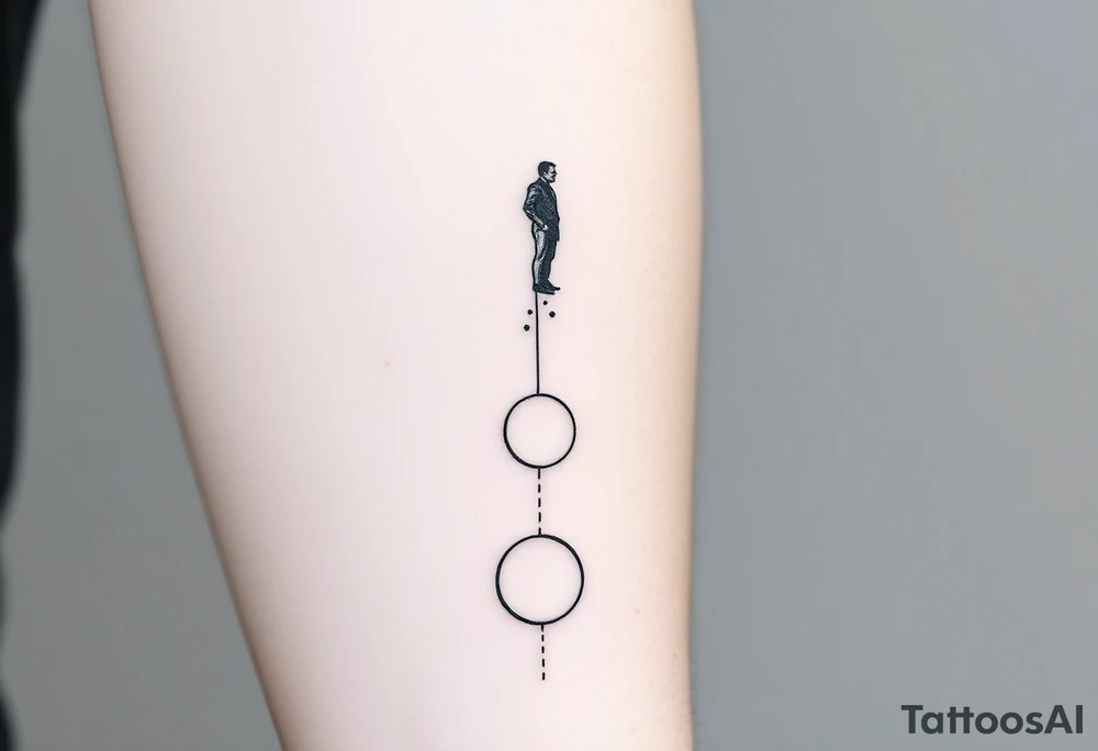 Minimalist forearm tattoo, black ink only, representing legacy and father-son connection. Two interlocking circles along an ascending abstract path, one fading at the bottom (father) and one growing solid at the top (son), symbolizing the torch passed. Fine particles rising along the line show guidance and energy. Subtle abstract figure of father integrated above. Include date VI·IV·MMXXIII and optional phrase “Building what he couldn’t”. Clean, fine-line, vertical layout for forearm, minimal yet deeply emotional. tattoo idea