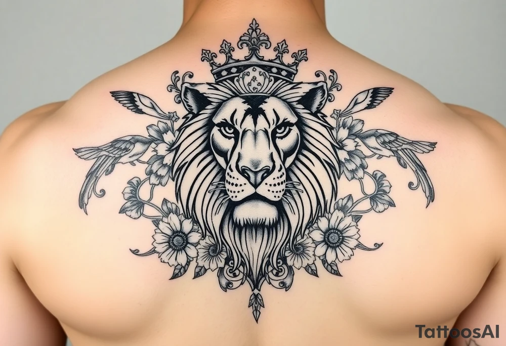 powerful majestic lion with a crown, surrounded by floral ornaments and birds tattoo idea