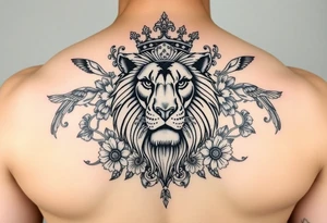 powerful majestic lion with a crown, surrounded by floral ornaments and birds tattoo idea