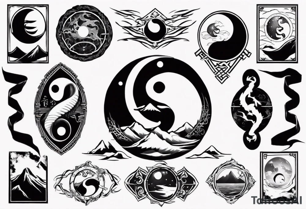 Taekwondo black belt with yin yang night day ocean mountains tattoo idea