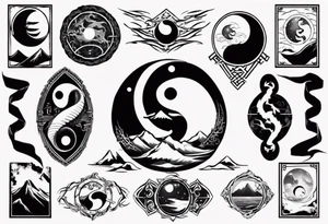 Taekwondo black belt with yin yang night day ocean mountains tattoo idea