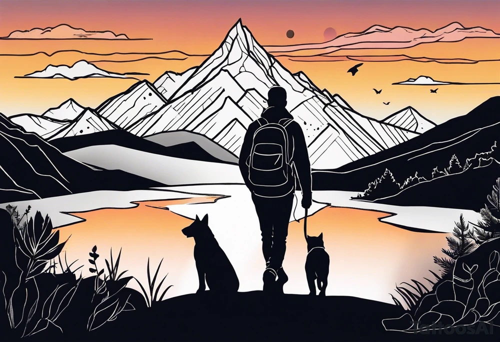 nature, sunset, mountains, a father and son hiking with their dog and cat and a cross tattoo idea