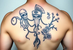 Squid and spartan and sailor hat combined with chains, tree roots, cherry blossoms and roses rolling dice tattoo idea