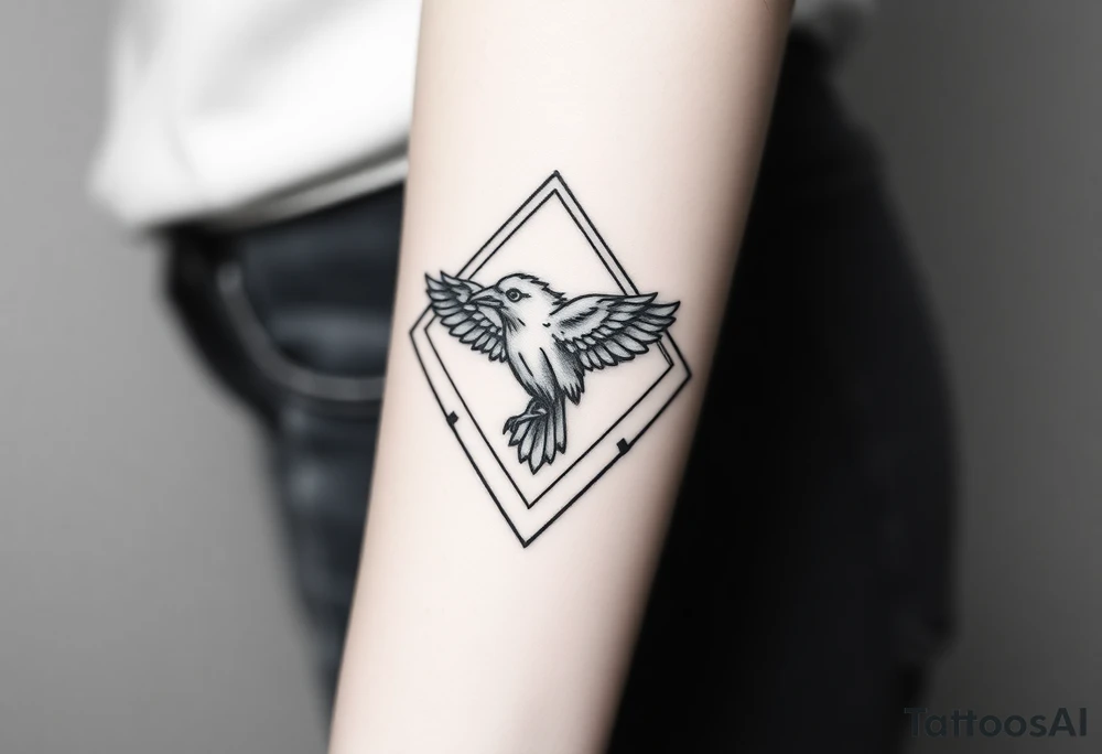Geometric diamond with lines going around with detailed crow in center with a lot of shading tattoo idea