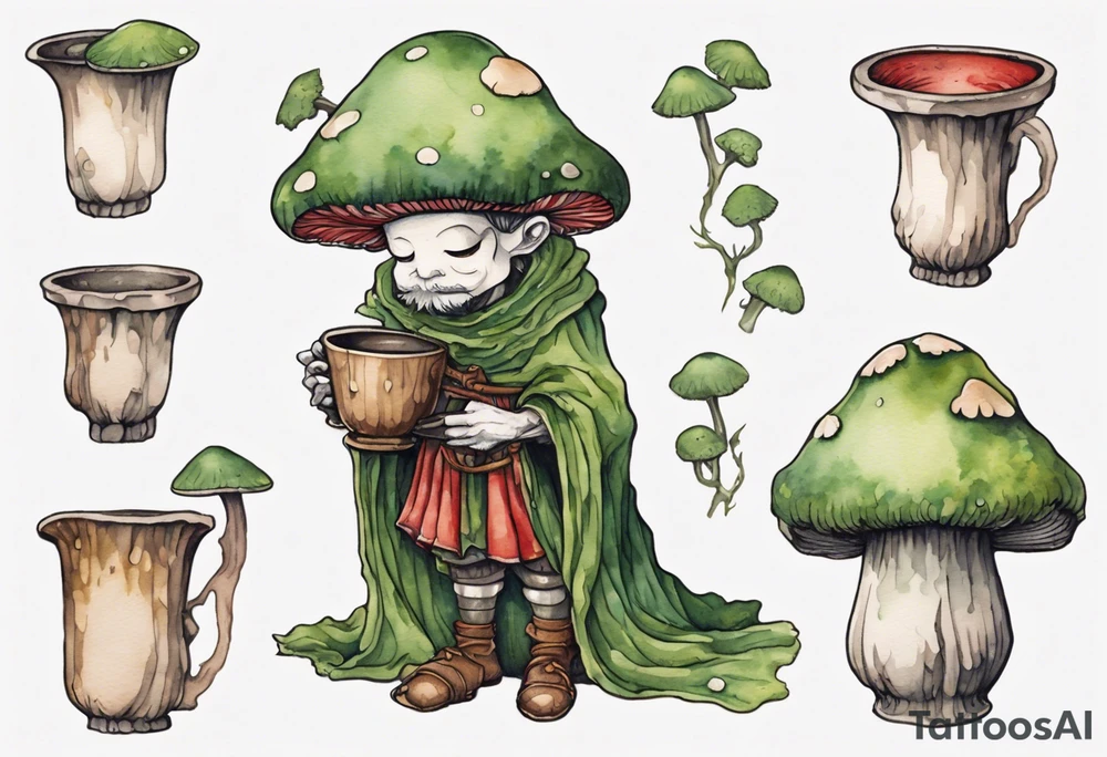 a mushroom person with a moss face wearing a medieval tunic drinking from a wood cup tattoo idea