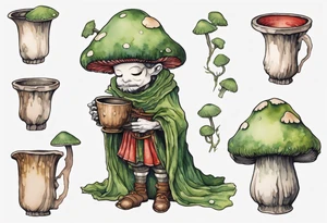 a mushroom person with a moss face wearing a medieval tunic drinking from a wood cup tattoo idea