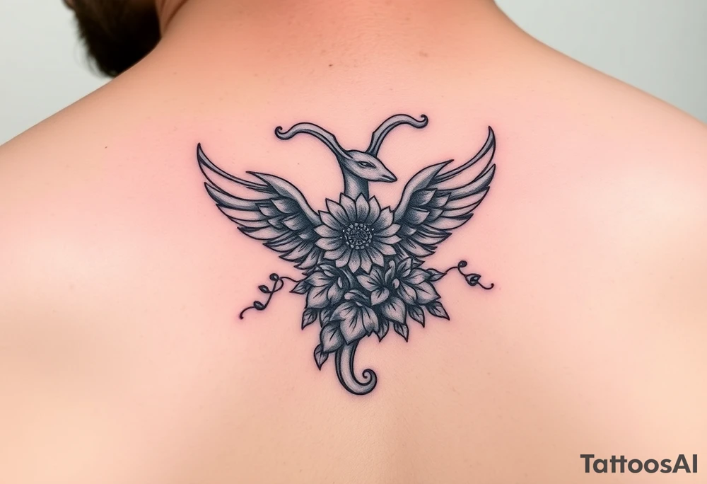 aquarius zodiac sign with floral design colored tattoo idea