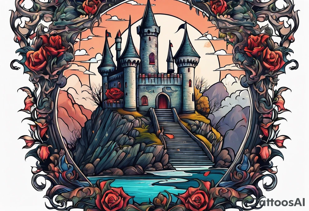 Horror tattoo with castle and monsters tattoo idea