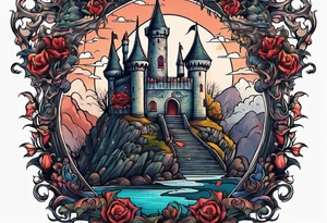 Horror tattoo with castle and monsters tattoo idea