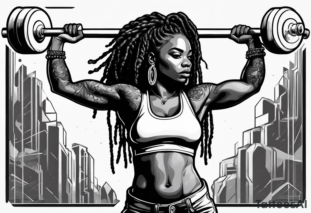 Black woman with locs whole body holding barbell tattoo idea