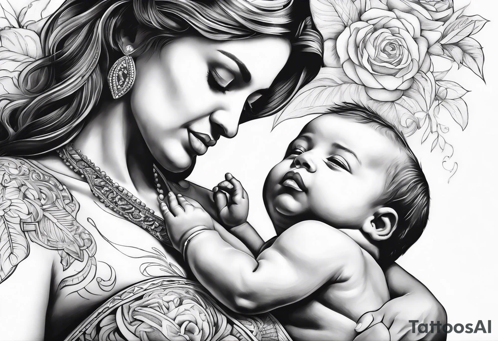 chest tattoo : 
mom and baby son statue tattoo idea