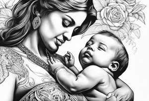 chest tattoo : 
mom and baby son statue tattoo idea