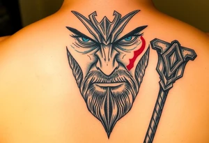 A close-up of Thor’s face from Endgame, with battle scars, glowing blue eyes, and Stormbreaker raised, in hyper-realistic shades of blue, silver, and deep red. tattoo idea