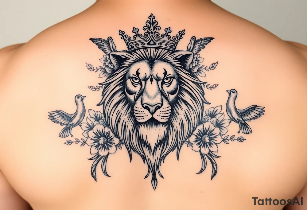 powerful majestic lion with a crown, surrounded by floral ornaments and birds tattoo idea