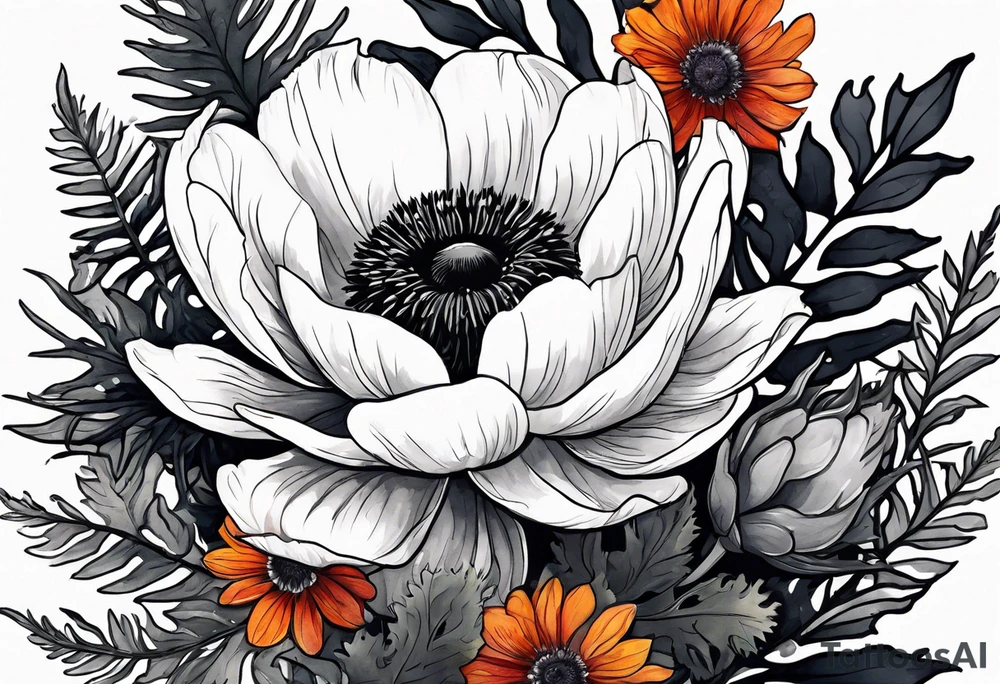 a white anemone with black center with thistles, ferns, sun flowers, red flowers, pink flowers, orange flowers, yellow flowers in watercolor tattoo idea