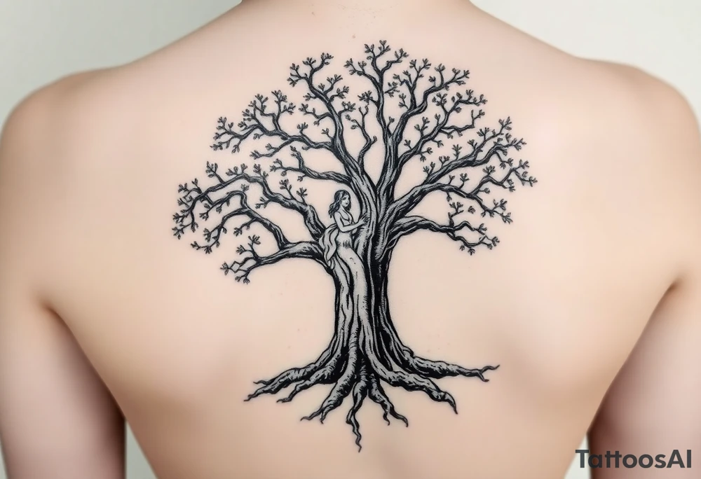 A strong and tall oak tree, with deep roots, with scratches and tears on the trunk. On a long branch, half way up the tree, sits a little girl and Jesus gazing into the distance. tattoo idea