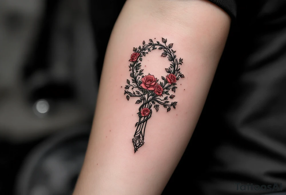 A black ink Ankh with a delicate vine wrapping around it, featuring small red roses symbolizing love and eternity. tattoo idea