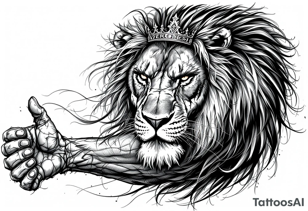 Realistic angriest lion with whole body with crown and "VERONESI" name add on it tattoo idea