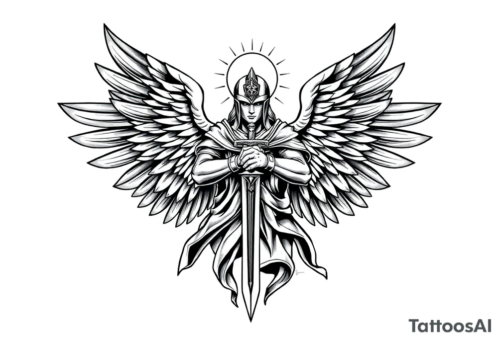 Holy Archangel, Biblical, Christianity, Hebrew, Guards of Christianity, Holding a sword, having six wings, wearing helmet, halo, seraphim, seek justice, walk only with God tattoo idea