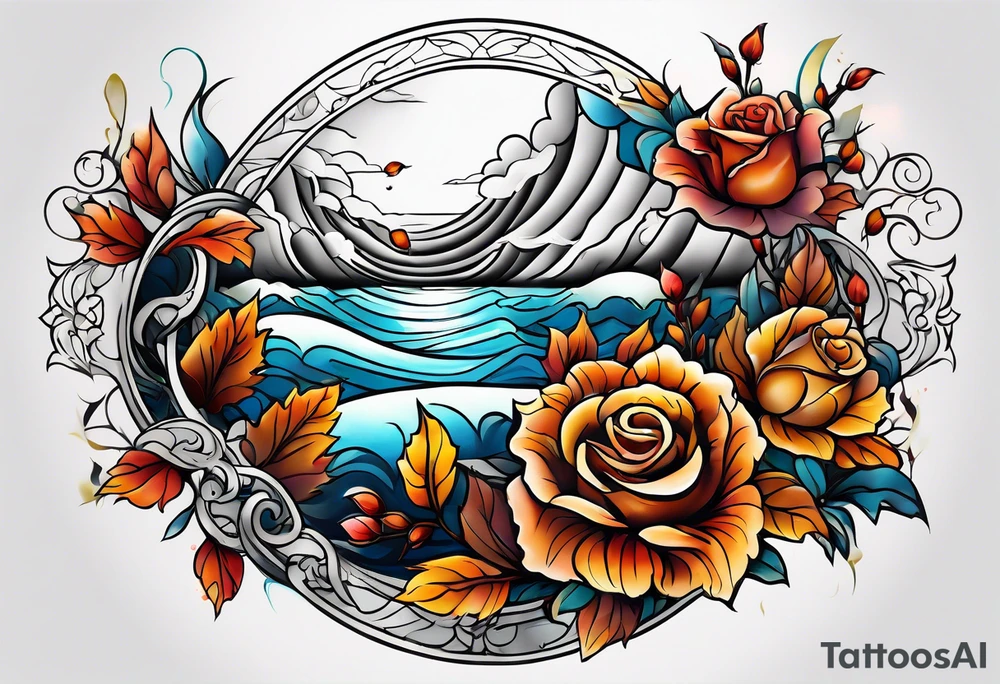thigh tattoo with fall colors showing, flowers, roses, water flow, and sky tattoo idea