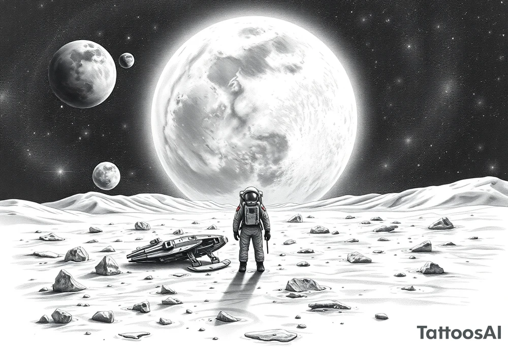 Full sleeve tattoo design for the right forearm, in realistic black and grey style.
The scene shows a lonely astronaut standing on the surface of an unknown planet, similar to the Moon’s landscape.
In front of him stretches a vast, mysterious universe filled with glowing planets, stars, and cosmic nebula light.
A few meters beside him lies a crashed and smoking spaceship, broken and damaged, showing clear signs of impact.
The image represents loneliness and survival — the moment when the astronaut realizes he is completely alone in an unfamiliar world.
The atmosphere should feel melancholic, cinematic, and deeply emotional, combining realism with fantasy.
Fine shading, detailed textures, and strong light-shadow contrast, designed to wrap naturally around the right forearm. tattoo idea