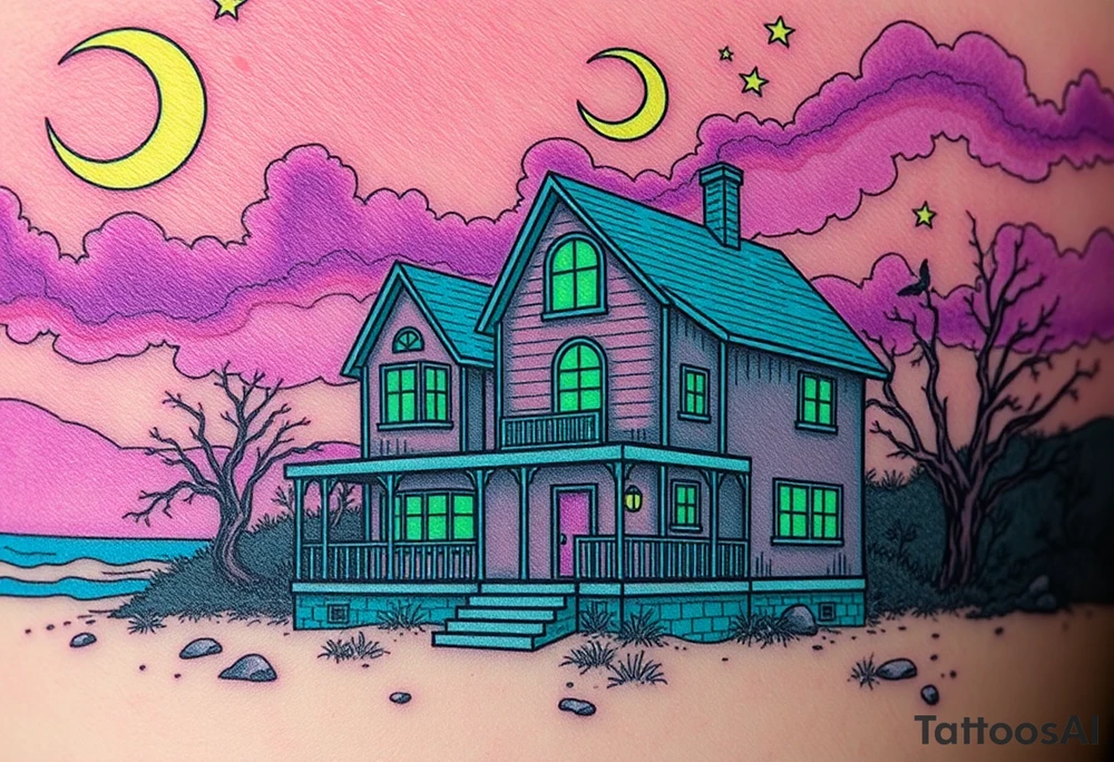 Tim Burton’s haunted pastel beach home is abandoned and dripping with muted reds, dusty pinks, and eerie green glow.purple and cyan smokey clouds swirl in the crescent moonlit sky thats sprinkled with stars tattoo idea tattoo idea