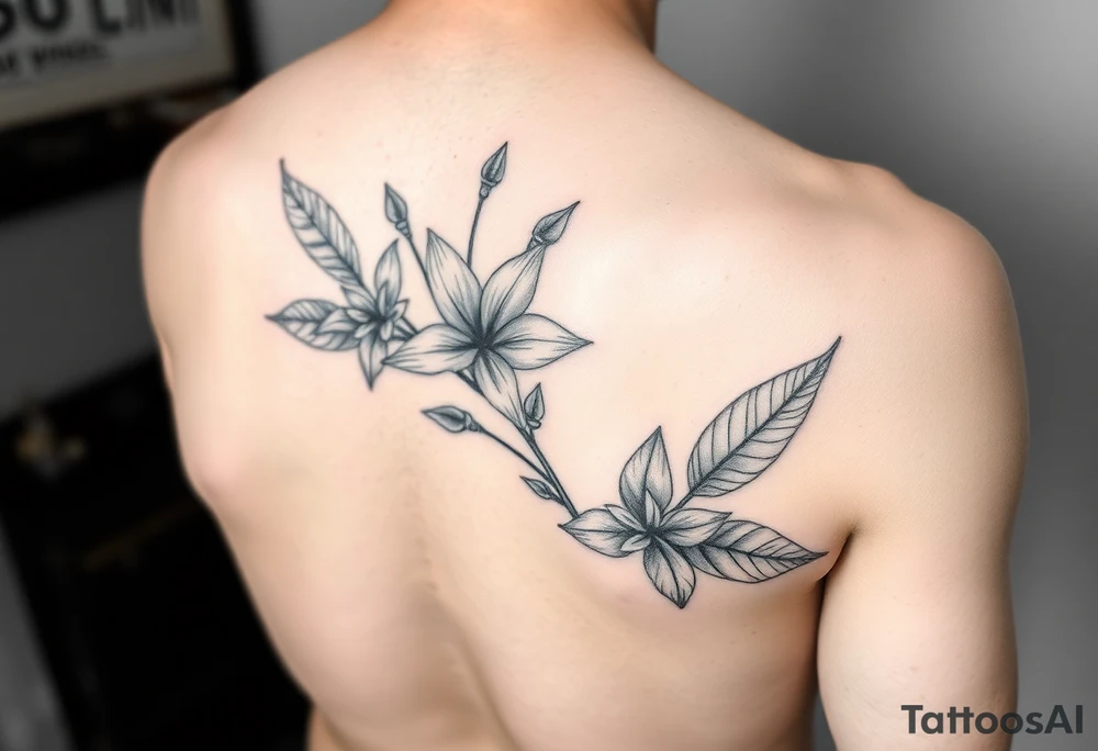 feminine dainty small shading realistic tattoo 

Sampugita flowers, anahaw leaves, tropical foliage tattoo idea