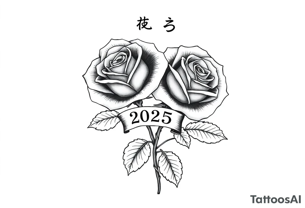 two big beautiful roses with leaves and with their stems intertwined, with a small banner with the year "2025" on it, tying them together.  Add the following words written in Kanji above the drawing "薔薇" tattoo idea