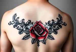 Black and red lace with pearls and rose tattoo for chest. Make elegant tattoo idea