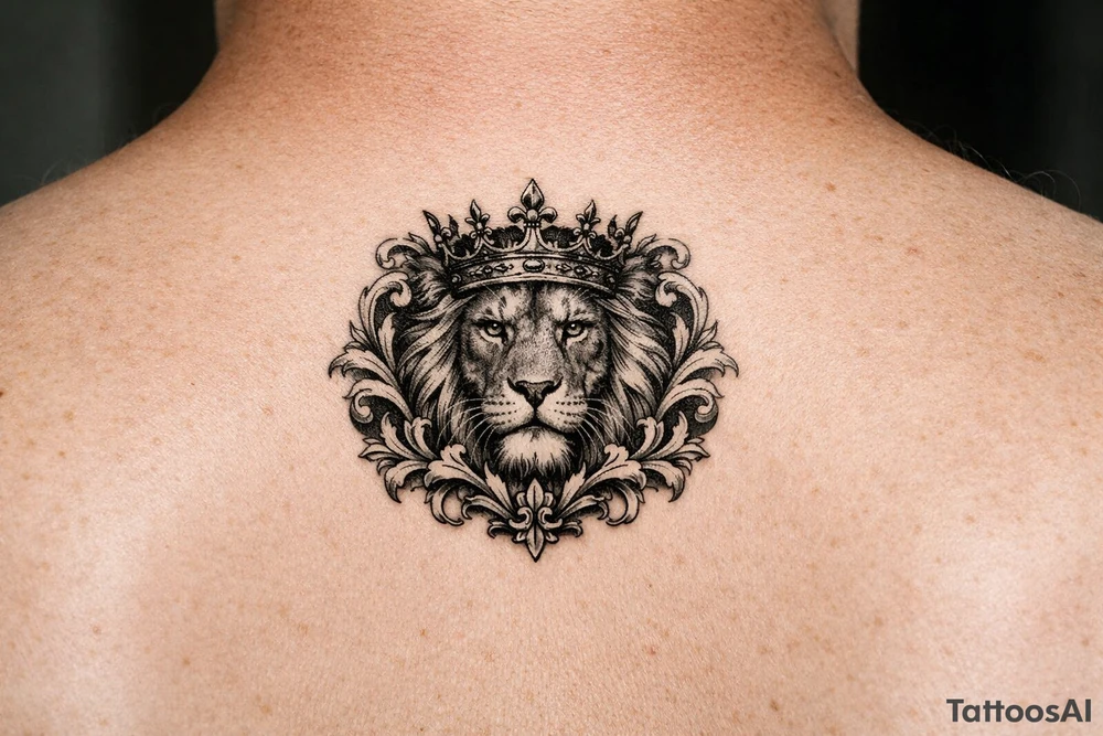 powerful majestic lion with a crown, framed by ornate floral scrollwork tattoo idea