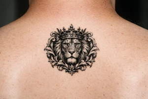 powerful majestic lion with a crown, framed by ornate floral scrollwork tattoo idea