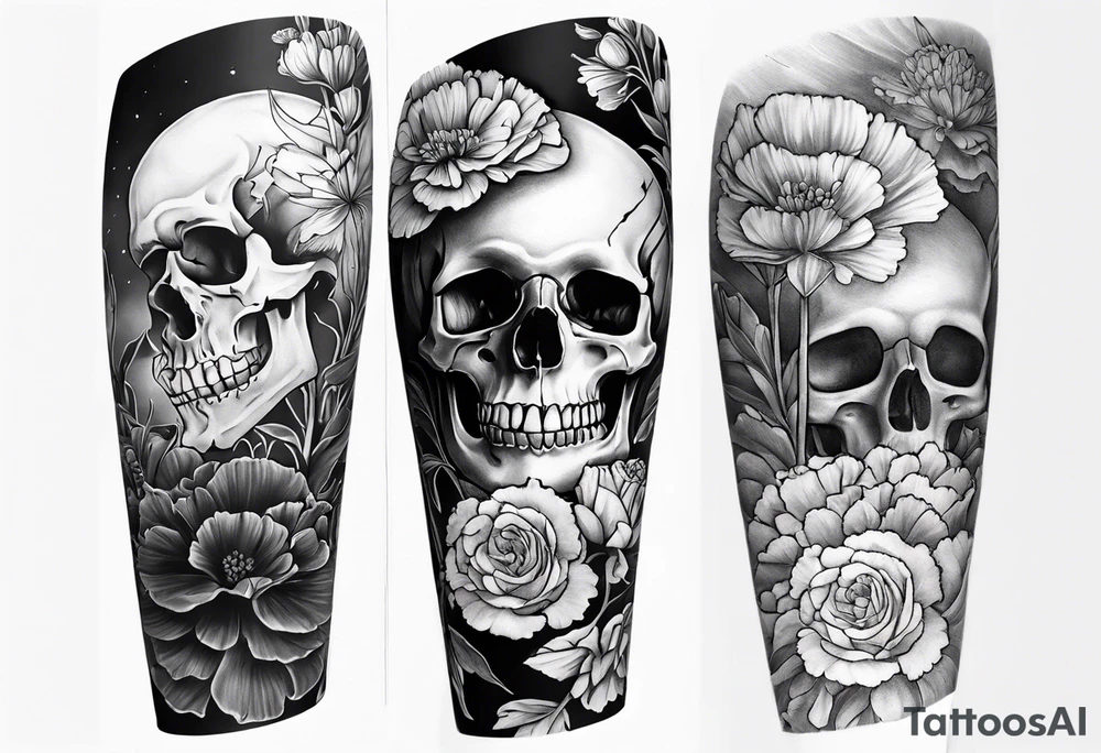 Left forearm tattoo of sunset and carnations on the outside of the forearm and on the inside there will be marigolds and a small skull tattoo idea