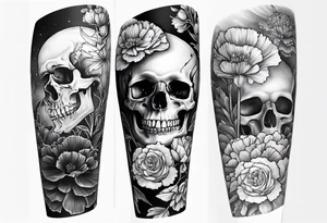 Left forearm tattoo of sunset and carnations on the outside of the forearm and on the inside there will be marigolds and a small skull tattoo idea