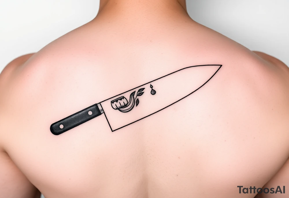 geometric fine line tattoo of a japanese chefs knife with visual representation of the 5 tastes tattoo idea