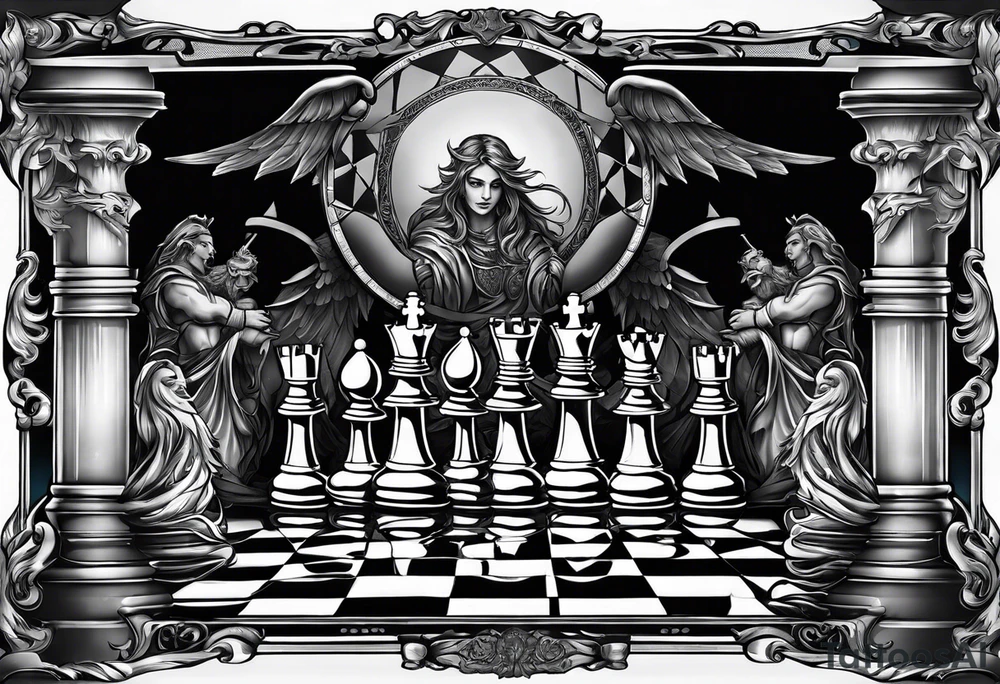 a chessboard with angelic and demonic chess pieces engaged in a strategic game, symbolizing the eternal battle between opposing forces. tattoo idea