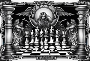 a chessboard with angelic and demonic chess pieces engaged in a strategic game, symbolizing the eternal battle between opposing forces. tattoo idea